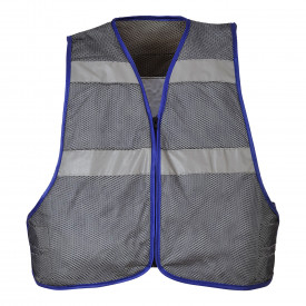 Gilet rinfrescante CV01 in grigio con strisce riflettenti. È presente un link alla pagina dell’articolo.