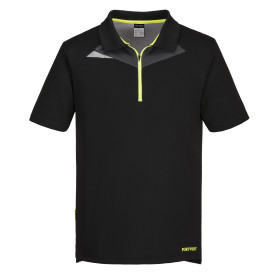 DX4 Polo S/S DX410 in nero con zip a contrasto. &Egrave; presente un link alla pagina dell&rsquo;articolo.