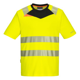 T-shirt alta visibilit&agrave; DX4 DX413 in giallo-nero con banda riflettente segmentata. &Egrave; presente un link alla pagina dell&rsquo;articolo.