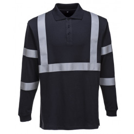 Polo manica lunga resistente alla fiamma e antistatica FR03 in navy con banda riflettente. &Egrave; presente un link alla pagina dell&rsquo;articolo.