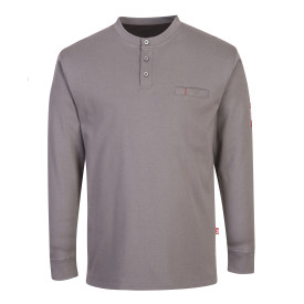 Maglia antistatica FR32 in grigio con apertura a bottoni e maniche lunghe. &Egrave; presente un link alla pagina dell&rsquo;articolo.