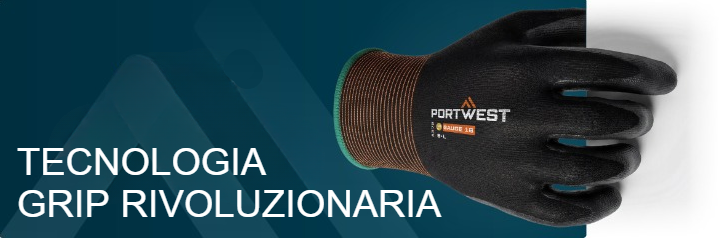Banner blu con un singolo guanto nero e titolo bianco: Tecnologia antiscivolo evoluta.
