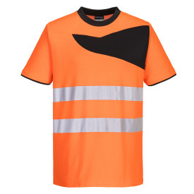 PW2 T-shirt alta visibilit&agrave; PW213 in arancione-nero con bande riflettenti. &Egrave; presente un link alla pagina dell&rsquo;articolo.