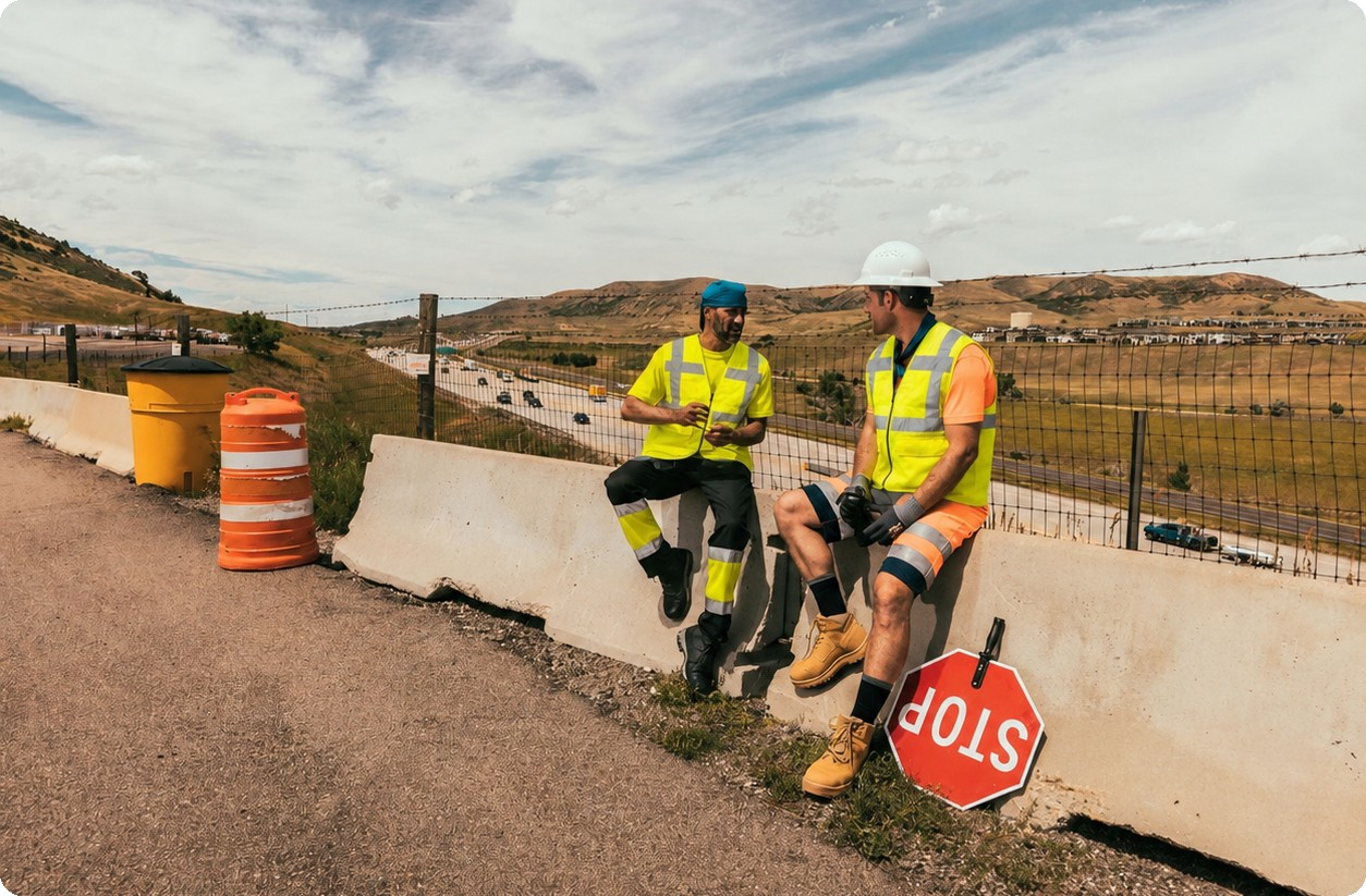 Due lavoratori sono seduti su una barriera di cemento a bordo strada. Indossano abbigliamento corto ad alta visibilità e gilet rinfrescanti. Sullo sfondo si vede un paesaggio montano brullo e un cielo azzurro nuvoloso. È presente un link ai nostri gilet rinfrescanti.