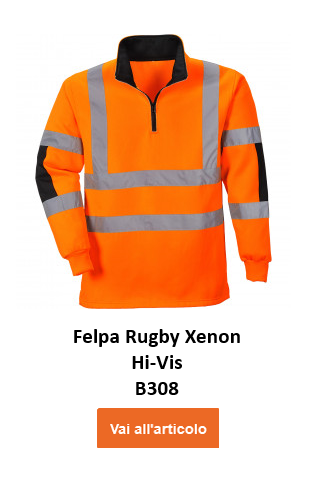 Maglia da rugby ad alta visibilità Xenon B308 di colore arancione con dettagli blu e strisce riflettenti. Viene fornito un collegamento alla pagina dell'articolo.