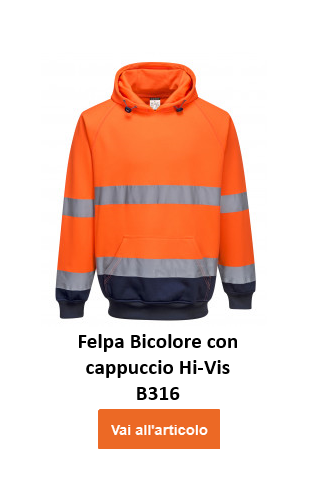 Felpa bicolore con cappuccio B316 in arancione con dettagli blu e strisce riflettenti. Viene fornito un collegamento alla pagina dell'articolo.