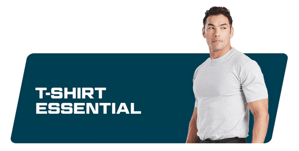 Banner blu con la scritta Essential T-Shirts e l'immagine di un uomo dai capelli scuri con una t-shirt bianca.