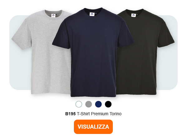 Immagine della t-shirt B195 Premium Turin in tre versioni: grigio, blu scuro e nero su sfondo grigio chiaro con angoli arrotondati. Viene fornito un link all'articolo.