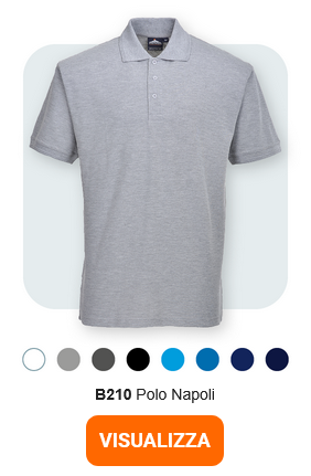 Immagine della polo Naples da uomo B210 in grigio su sfondo grigio chiaro con angoli arrotondati. Viene fornito un link all'articolo.