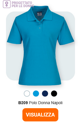 Immagine della polo Naples da donna B209 in blu su sfondo grigio chiaro con angoli arrotondati. Viene fornito un link all'articolo.