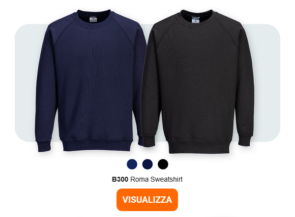 Immagine della felpa B300 Roma in due versioni: blu scuro e nera su sfondo grigio chiaro con angoli arrotondati. Viene fornito un link all'articolo.