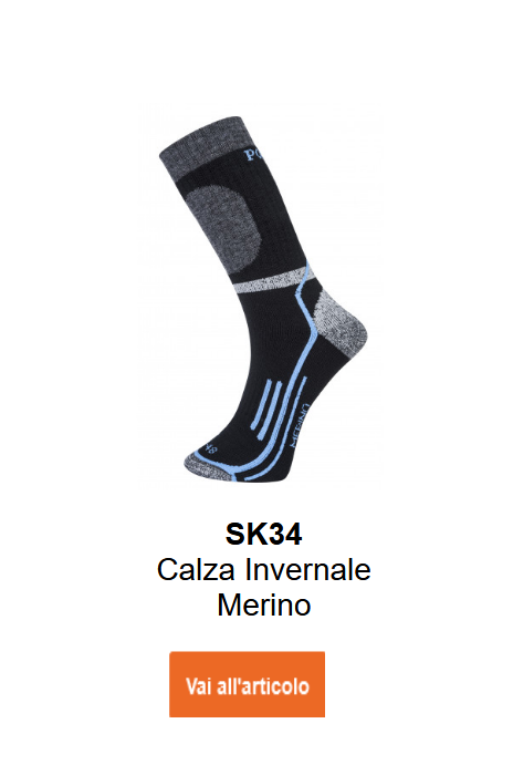 Immagine dei calzini invernali Merino SK34 in nero con dettagli grigi e blu. Link al prodotto incluso.