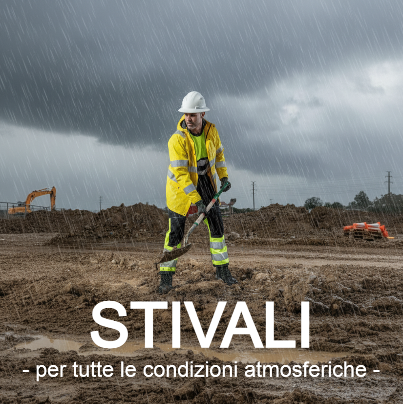 Uomo che lavora con una pala in un cantiere fangoso. Indossa abbigliamento ad alta visibilit&agrave; giallo e stivali invernali. Nella parte inferiore dell'immagine si legge 'Stivali - per ogni condizione meteo'.