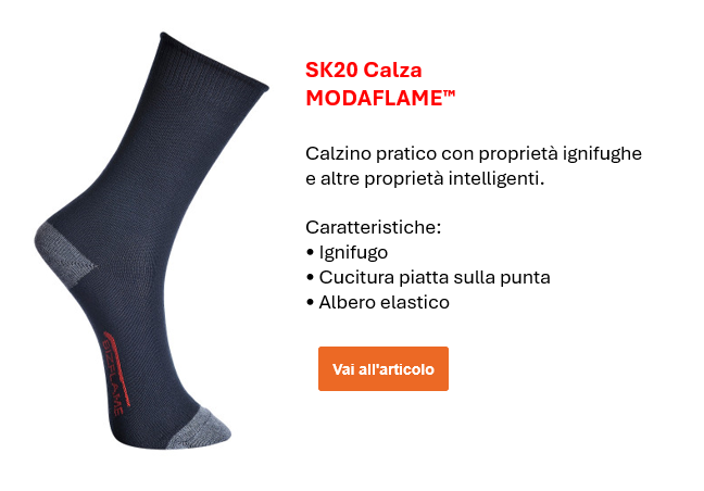 Immagine dei calzini MODAFLAME SK20 in nero con dettagli grigi. Viene fornito un collegamento alla pagina dell'articolo.