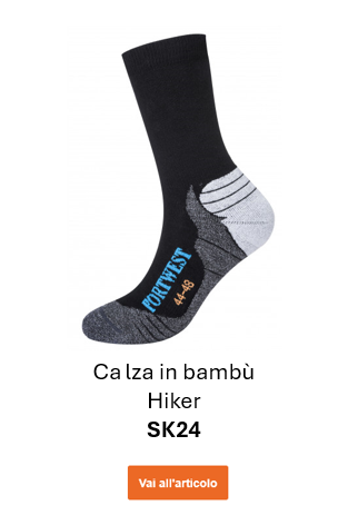 Immagine dei calzini da trekking SK24 Bamboo in nero con dettagli grigi, bianchi e blu. Viene fornito un collegamento alla pagina dell'articolo.