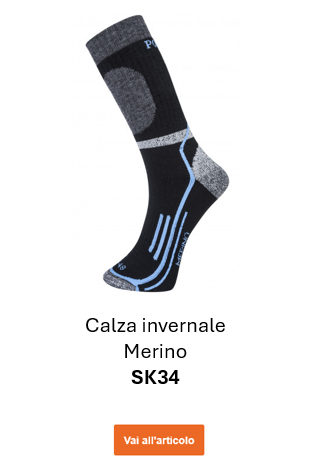 Immagine dei calzini invernali Merino SK34 in nero con dettagli grigi e blu. Viene fornito un collegamento alla pagina dell'articolo.