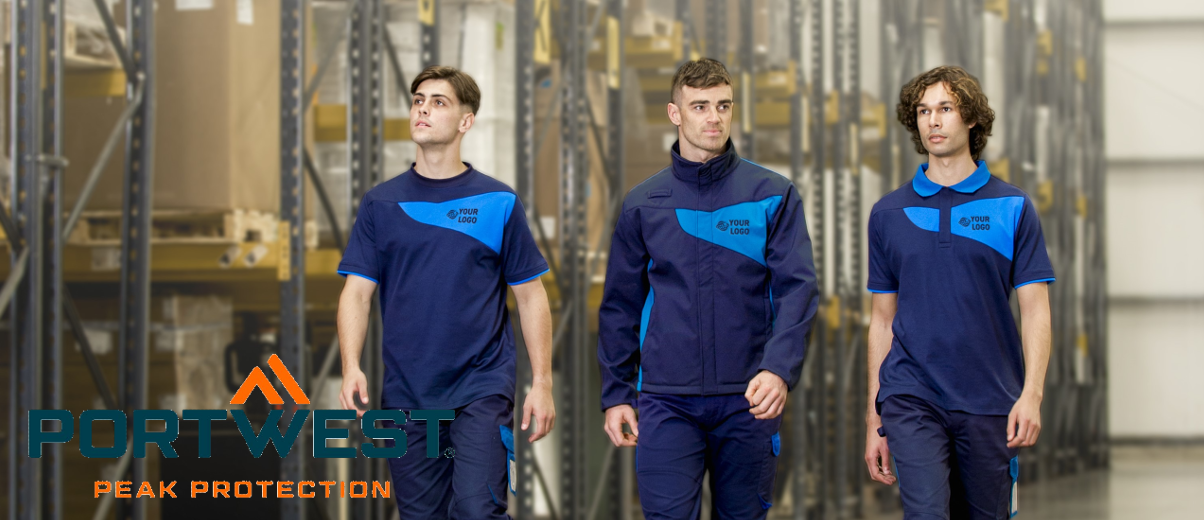 Tre giovani uomini in abiti da lavoro uniformi in diverse tonalità di blu. Sullo sfondo sono visibili gli scaffali di stoccaggio e il logo del produttore di abbigliamento da lavoro Portwest si trova nella parte in basso a sinistra dell'immagine.