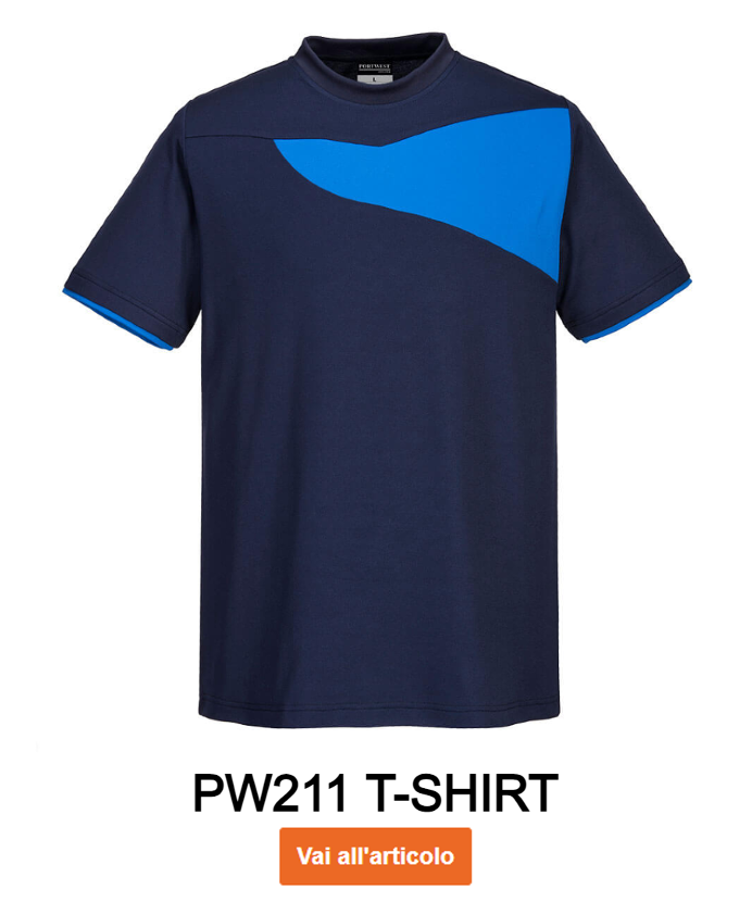 Immagine di esempio della maglietta PW211 in blu-blu navy con link all'articolo.