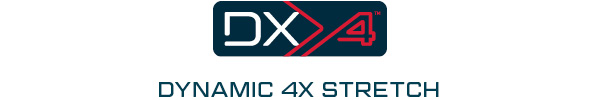 Logo della collezione DX4 con scritte bianche e rosse su sfondo blu. Sotto il logo si trovano le parole Dynamic 4X Stretch in blu. Viene fornito un collegamento alla collezione DX4.