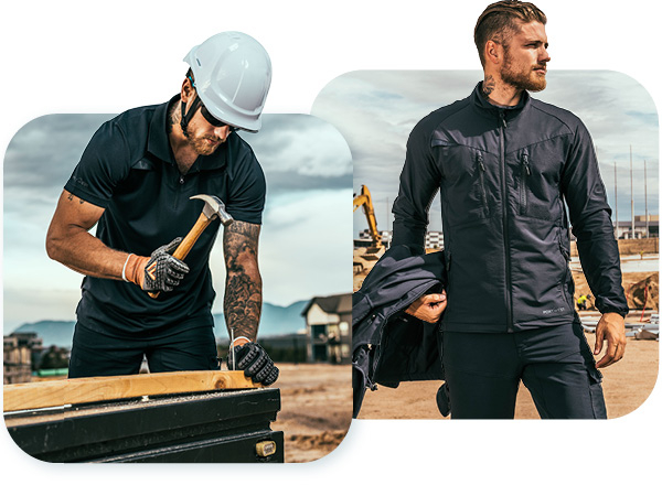 Due lavoratori che indossano indumenti della collezione DX4™: il lavoratore a sinistra indossa un casco bianco, guanti e una combinazione di polo e pantaloni blu navy. Tiene in mano un martello e sta per piantare un chiodo in una tavola; quello a destra è fotografato con un cantiere sullo sfondo e indossa una giacca softshell nera e pantaloni, e tiene una giacca antipioggia al braccio. Viene fornito un collegamento alla collezione DX4.