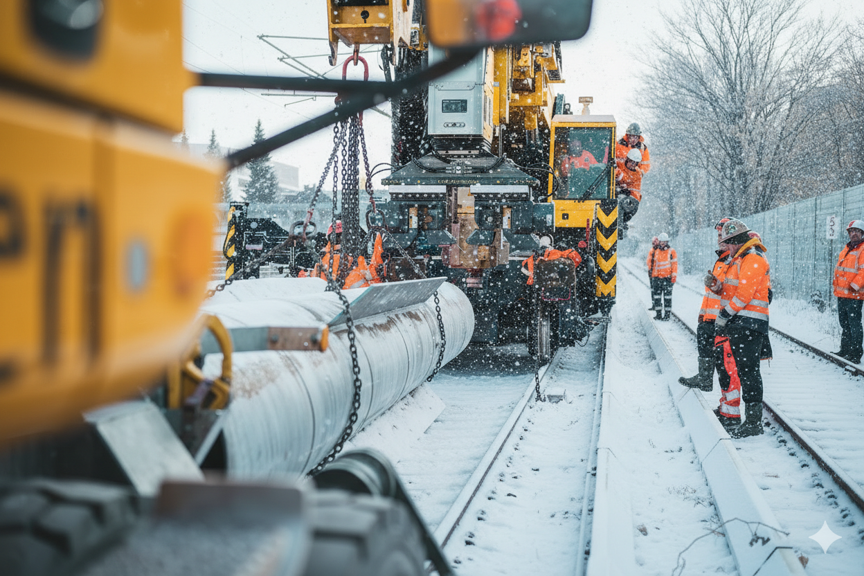 Un cantiere innevato lungo una linea ferroviaria. Un escavatore su rotaie trasporta grandi tubi. Accanto all&rsquo;escavatore si trovano diversi lavoratori con abbigliamento invernale ad alta visibilit&agrave; di colore arancione. Sul lato destro dell&rsquo;immagine si vedono una recinzione coperta di neve e alberi spogli innevati.