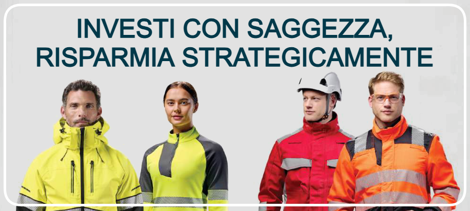Quattro lavoratori in abbigliamento da lavoro ad alta visibilit&agrave; giallo, rosso e arancione su sfondo grigio. Sopra di loro, il titolo in lettere maiuscole blu: Investi con saggezza, risparmia in modo mirato.