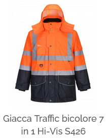 Giacca S426 a contrasto traffico alta visibilità 7 in 1 impermeabile e traspirante nei colori arancione e blu con bande fluo e link all'articolo.