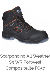 Stivali Portwest Compositelite All Weather S3 WR FC57 in nero con dettagli arancioni e link all'articolo.