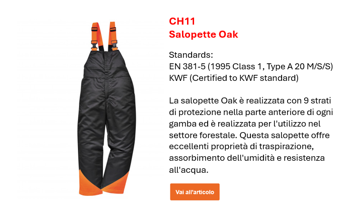 Immagine dei pantaloni CH11 Oak in nero con dettagli arancioni e una breve descrizione delle caratteristiche e delle norme europee disponibili nella pagina prodotto. Collegamento incluso.