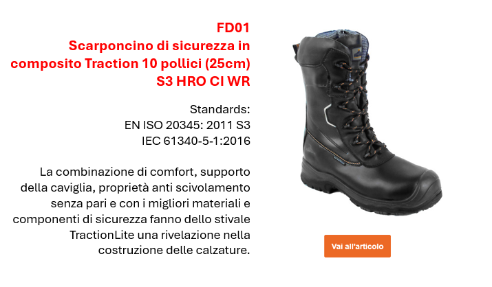 Immagine dello stivale di sicurezza Portwest Compositelite Traction FD01 in nero con descrizione e norme europee. Collegamento incluso.