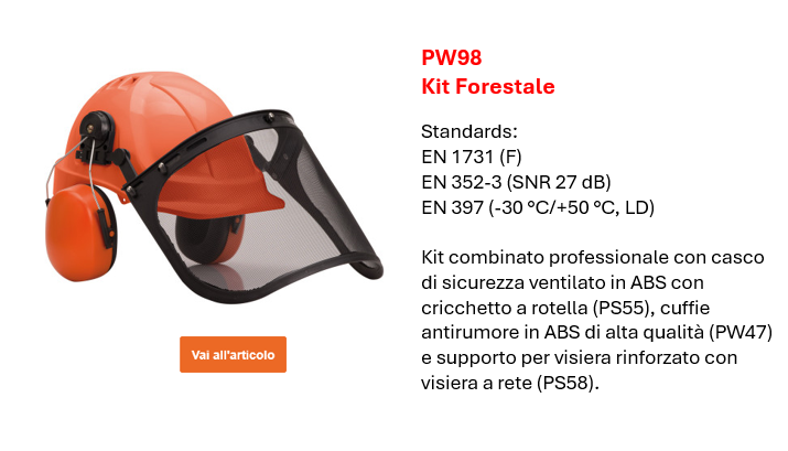 Immagine del set forestale combinato PW98 in arancione con dettagli neri e una breve descrizione delle caratteristiche e delle norme europee. Collegamento incluso.