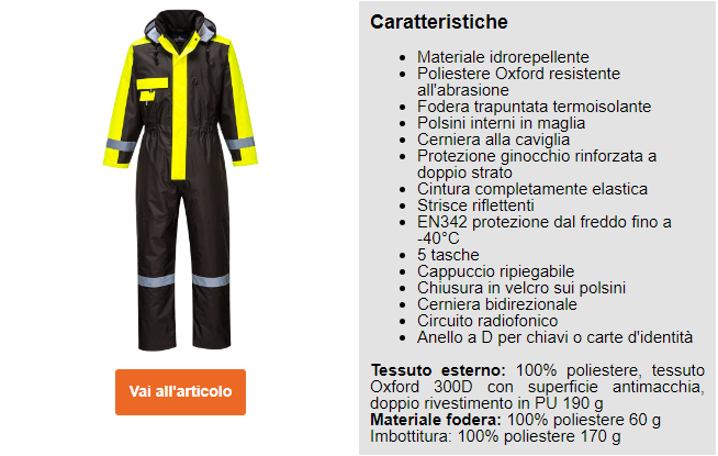 Anteprima della tuta invernale S585 in giallo e nero con strisce catarifrangenti e link all'articolo nonché elenco delle caratteristiche della tuta.