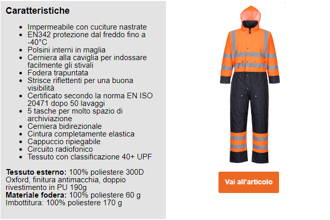 Immagine di esempio della tuta a contrasto Hi-Vis foderata S485 in nero e arancione con strisce riflettenti e un collegamento all'articolo nonché un elenco delle caratteristiche della tuta.