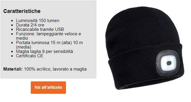 Cappello nero con LED ricaricabile B029 con link all'articolo ed elenco delle caratteristiche del cappello.