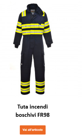 Tuta ignifuga blu Bizflame Forest Fire FR98 con strisce luminose gialle di avvertimento e collegamento all'articolo.