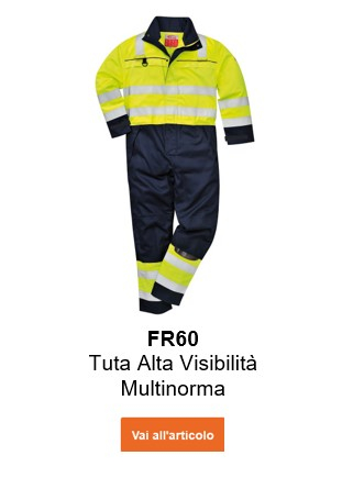 Immagine della tuta alta visibilità Multinorm FR60 in giallo e blu con un collegamento che porta alla pagina dell'articolo.