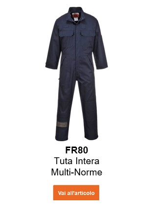 Immagine della tuta da lavoro multinorma ignifuga e antistatica Bizflame FR80 in blu con un collegamento che porta alla pagina dell'articolo.
