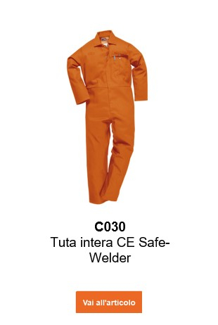 Immagine della tuta ignifuga CE Safe-Welder™ C030 in arancione con un collegamento che conduce alla pagina dell'articolo.