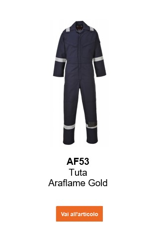 Immagine della tuta ignifuga e antistatica Araflame Gold AF53 in blu con un collegamento che porta alla pagina dell'articolo.