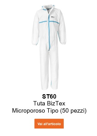 Immagine della tuta microporosa BezTex ST60 in bianco con un collegamento che porta alla pagina dell'articolo.