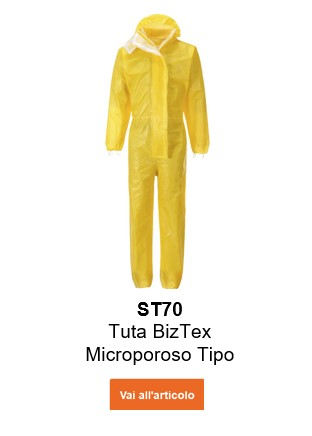 Immagine della tuta monouso microporosa BizTex™ ST70 in giallo con un collegamento che porta alla pagina dell'articolo.