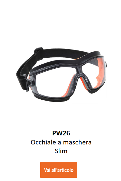 Immagine degli occhiali panoramici Slim Safety PW26 in nero con dettagli arancioni. Collegamento alla pagina prodotto incluso.