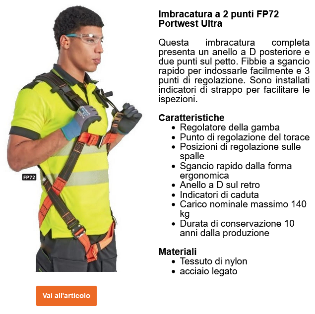 Un lavoratore indossa un giubbotto di sicurezza giallo e un'attrezzatura completa di protezione anticaduta. Indossa anche guanti protettivi e occhiali di sicurezza. L'imbracatura a 2 punti Portwest Ultra FP72 è raffigurata insieme a una descrizione delle sue caratteristiche. Viene fornito un collegamento alla pagina dell'articolo con i dettagli.