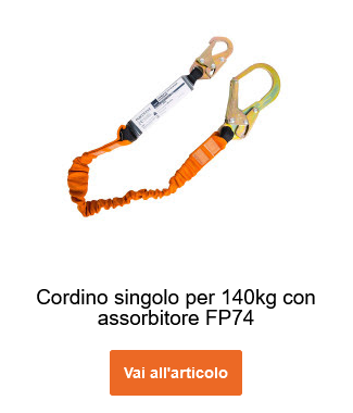 Cordino elastico 1,8 m con assorbitore di energia fino a 140 kg FP74 in arancione. C'è un collegamento che porta alla pagina dell'articolo.