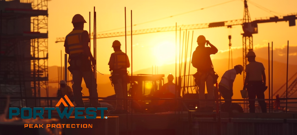 Cantiere edile con gru, impalcature e diversi operai in corti abiti da lavoro estivi. Sullo sfondo si può vedere il sole che tramonta. Tutto è immerso in una luce arancione. Nell'angolo in basso a sinistra dell'immagine è presente il logo del produttore Portwest in caratteri blu e arancioni.