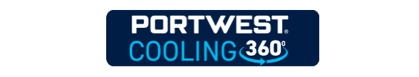 Simbolo della tecnologia Portwest Cooling a 360 gradi in varie tonalità di blu e bianco.