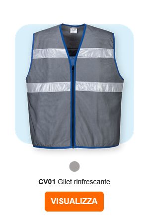 Immagine del gilet refrigerante CV01 Iona in grigio con strisce riflettenti e dettagli blu. Viene fornito un collegamento alla pagina dell'articolo.