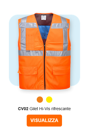 Immagine del gilet refrigerante ad alta visibilità CV02 di colore arancione con strisce riflettenti. Viene fornito un collegamento alla pagina dell'articolo.