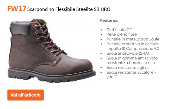 Immagine di esempio dello stivale antinfortunistico con guardolo Steelite SB HRO FW17 realizzato in pelle nabuk marrone insieme a un elenco delle caratteristiche dell'articolo e un pulsante arancione con un collegamento all'articolo.