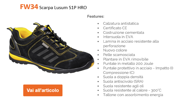Immagine di esempio delle scarpe da ginnastica antinfortunistiche Steelite Lusum S1P HRO FW34 in nero e giallo con un elenco di caratteristiche e un pulsante arancione che ti porta alla pagina dell'articolo della scarpa tramite il collegamento fornito.